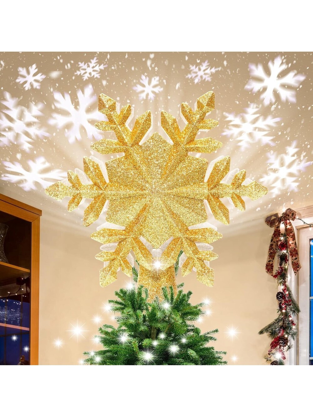 NIB Christmas Tree Topper Lighted with Snowflake Projector, LED (Gold) - Picture 2 of 4